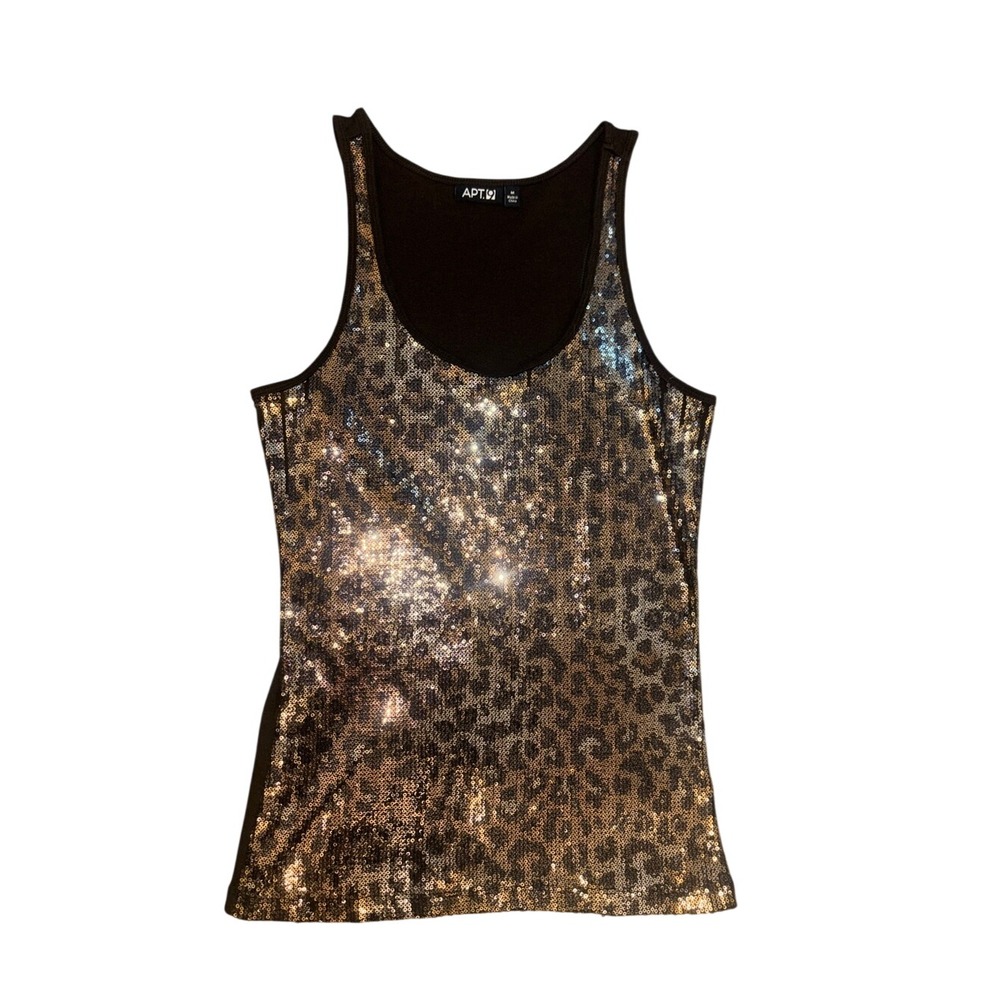 Apt. 9 Womens Leopard Sequin Tank Top Gold Black Racerback Scoop Neck Sz Medium